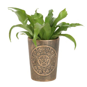 Bronze terracotta plant pot with triple moon design by Lisa Parker, perfect for indoor or outdoor decorative plants.