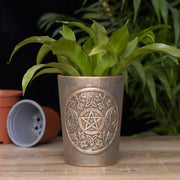 Bronze terracotta plant pot with triple moon design by Lisa Parker, perfect for indoor or outdoor plants.