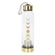 Lavish Kitchen Isle Quartz Moon Phase glass water bottle with moon phase design, clear glass body and stainless steel cap.
