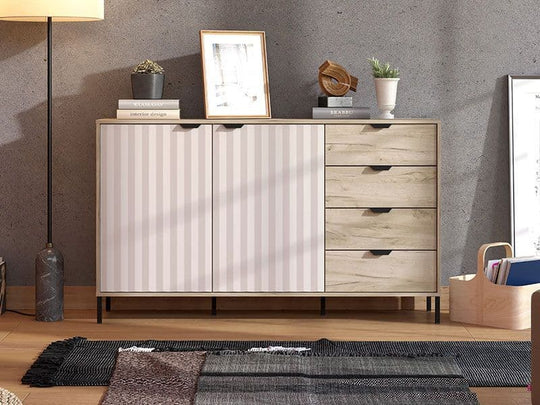 Grey oak effect and cashmere sideboard with slatted detailing – 2 doors and 4 drawers