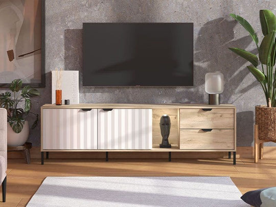 Contemporary TV stand cabinet with ample storage and slatted design