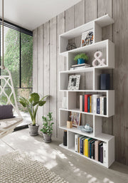 White gloss tall bookcase with open-back design, 6-tier shelving for modern living rooms and office storage by Lavish Kitchen Isle.