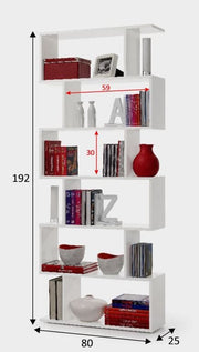White gloss tall bookcase with open back and six shelves, ideal for modern living rooms and office storage by Lavish Kitchen Isle.