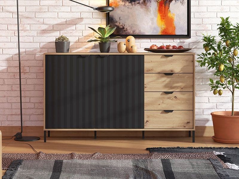 Looma Stylish Artisan Oak Effect and Black 157cm Wide Sideboard with 2 Doors and 4 Drawers Modern Storage Unit for Living and Dining Room Furniture