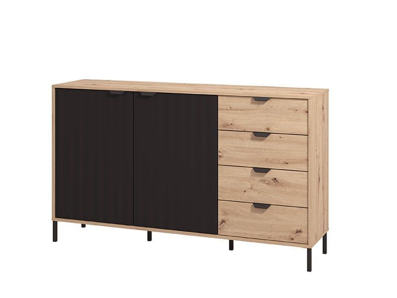 Looma Stylish Artisan Oak Effect and Black 157cm Wide Sideboard with 2 Doors and 4 Drawers Modern Storage Unit for Living and Dining Room Furniture