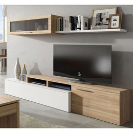 Lavish Kitchen Isle Warrington white gloss and oak effect reversible L-shaped TV entertainment wall unit cabinet, modern storage solution
