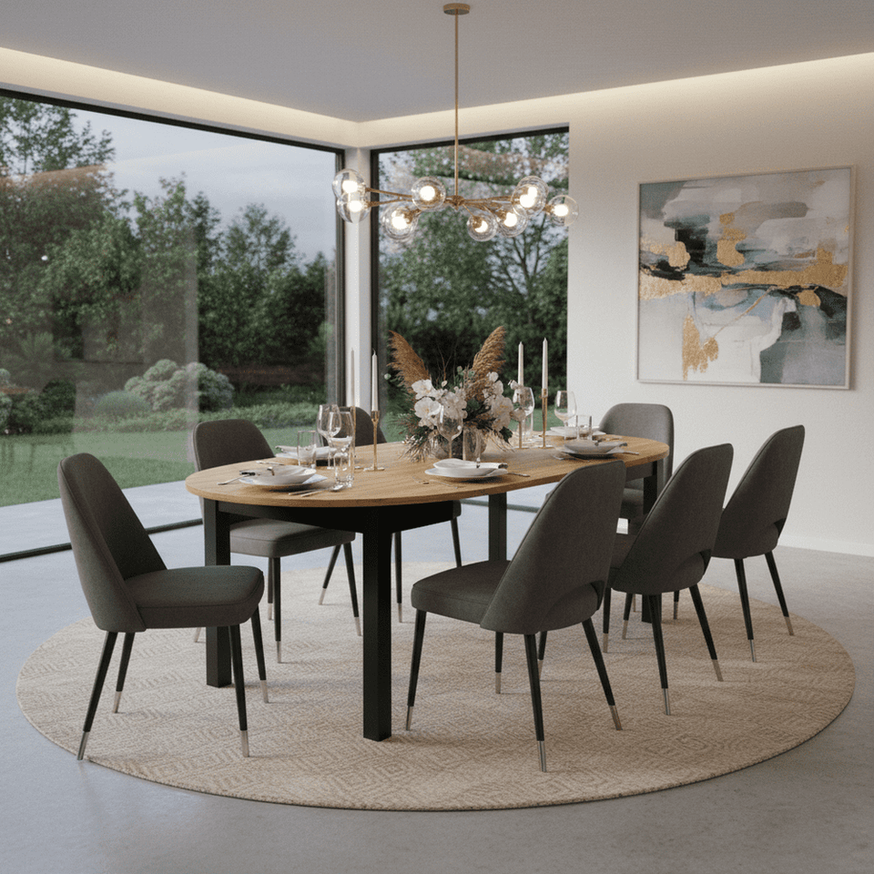 Lavish Kitchen Isle Wiktor round extending dining table in black and oak effect, 105cm to 240cm, stylish and versatile for dining rooms