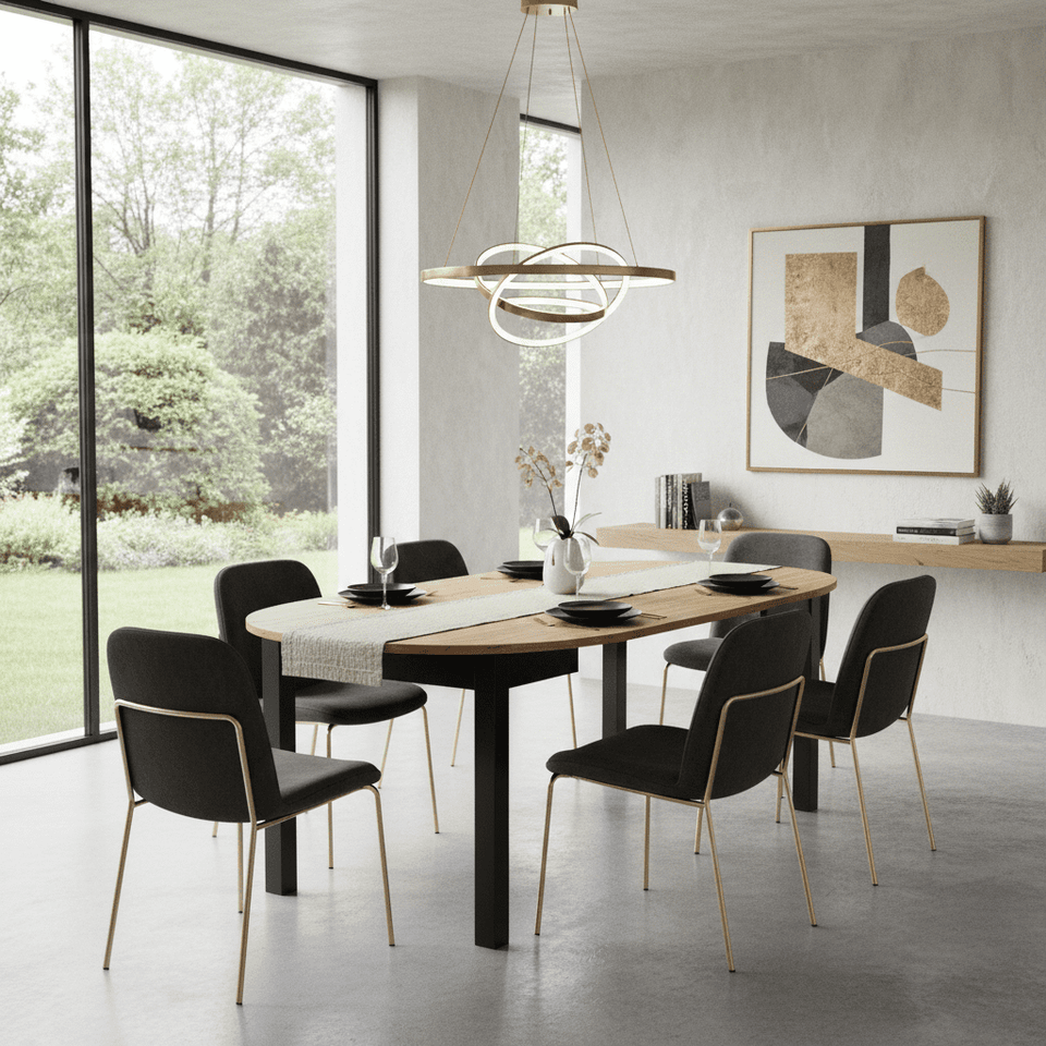 Lavish Kitchen Isle Wiktor round extending dining table in black with white oak effect, extending from 105cm to 240cm.