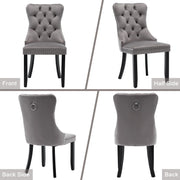 Set of 2 Lavish Kitchen Isle velvet dining chairs with button tufted backrests and knocker ring accents in grey and beige.
