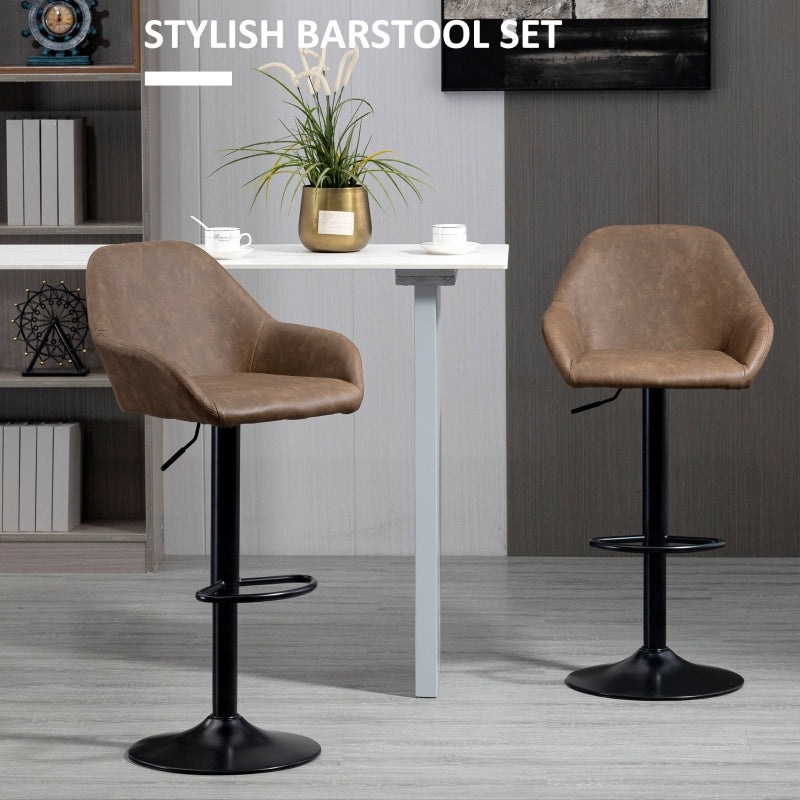 Set of 2 Adjustable Bar Stools Dark Brown Black PU Leather Swivel Breakfast Stools for Kitchen & Home Bar 360° Rotating Counter Stool