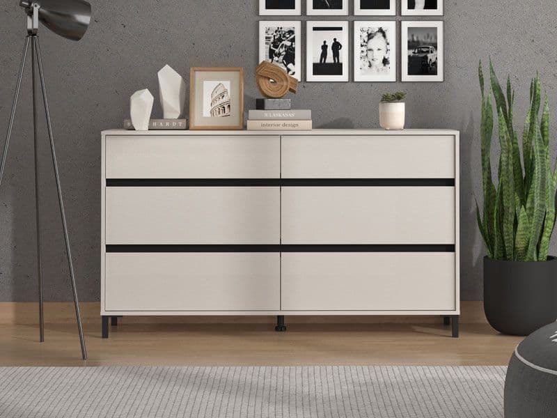 Aaro 157cm Wide Cashmere Chest of Drawers  6 Drawer Bedroom Furniture Storage Cabinet Unit | Modern Bedside Storage