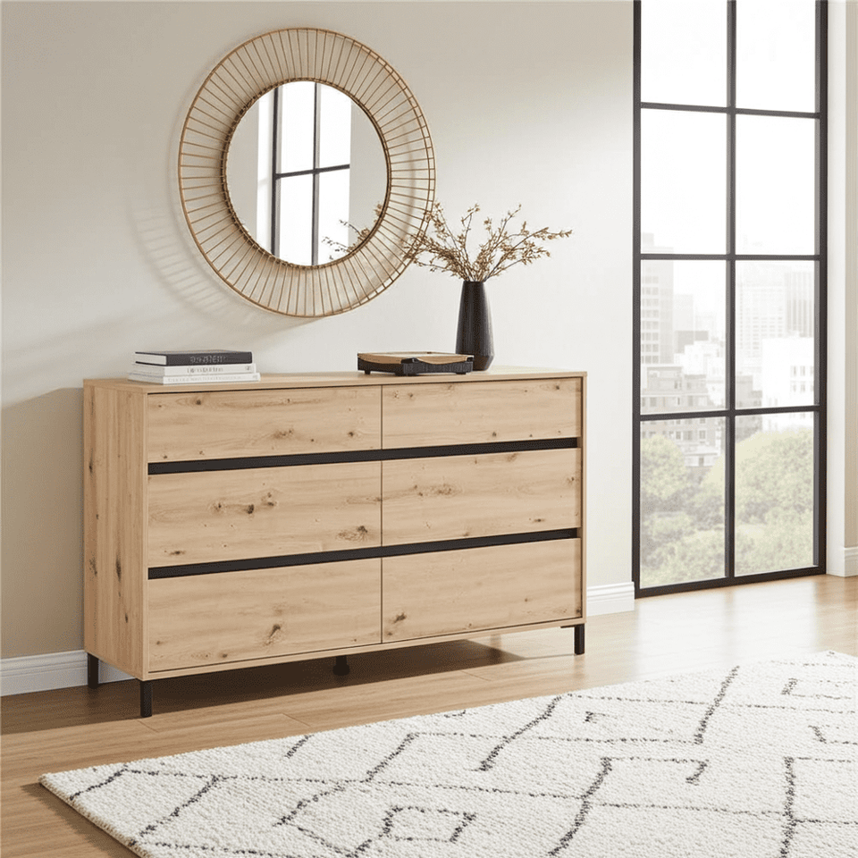 Oak Effect Wide Chest of Drawers – 6 Large Storage Drawers