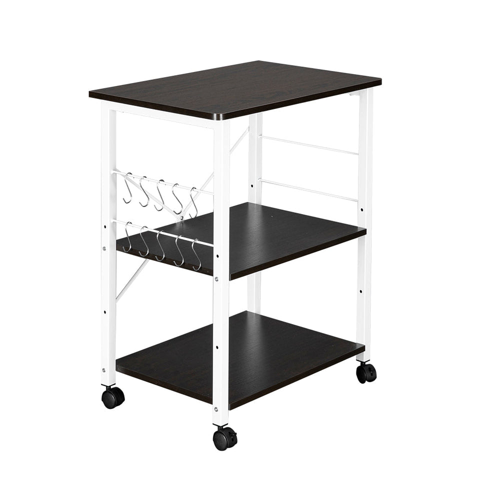 Baker's Storage Trolley with Wheels  3-Tier (Dark Brown Top, White Metal Frame)-Lavish Kitchen Island