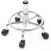 Black round adjustable salon stool with back support, featuring a sleek design for comfortable seating and easy height adjustment.