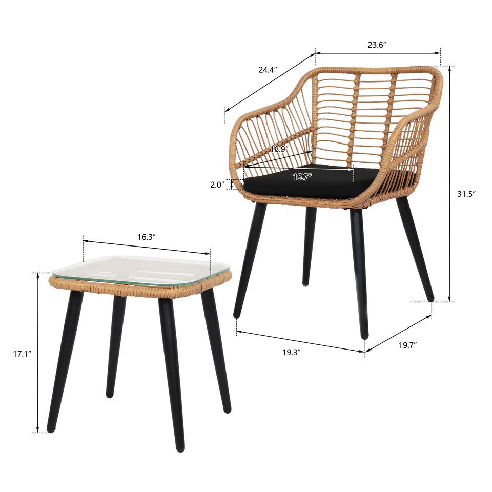 3 Piece Patio Wicker Chair Set with Glass Top Table and Soft Cushion, Outdoor Backyard Porch Furniture
