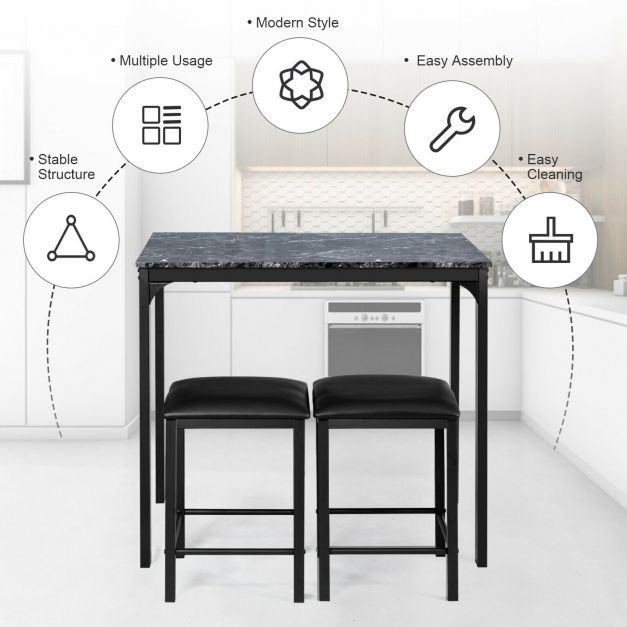 3 Piece Dining Table Set with 2 Faux Leather Backless Stools