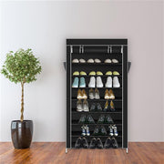 Lavish Kitchen Isle 10-tier black and grey shoe rack with dustproof cover, compact shoe storage cabinet organizer.