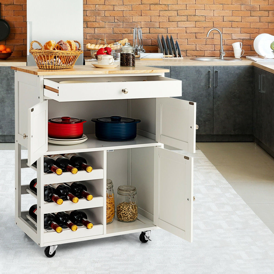 Rolling Kitchen Trolley with 3 Tier Wine Racks and 2 Cabinets-COSTWAY