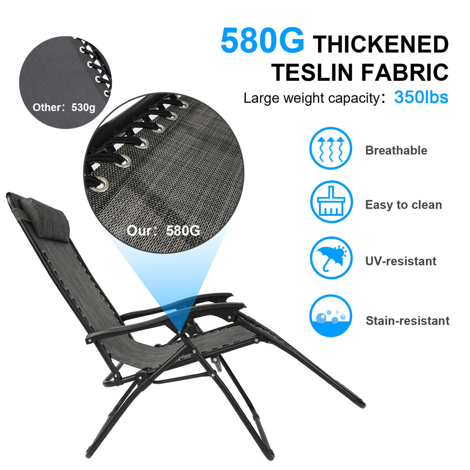 Grey Sunloungers Recliner Set of 2, Zero Gravity With Cup Phone Holder Head Pillow