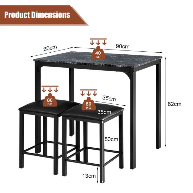 3 Piece Dining Table Set with 2 Faux Leather Backless Stools