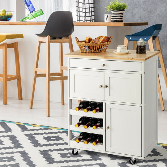 Rolling Kitchen Trolley with 3 Tier Wine Racks and 2 Cabinets