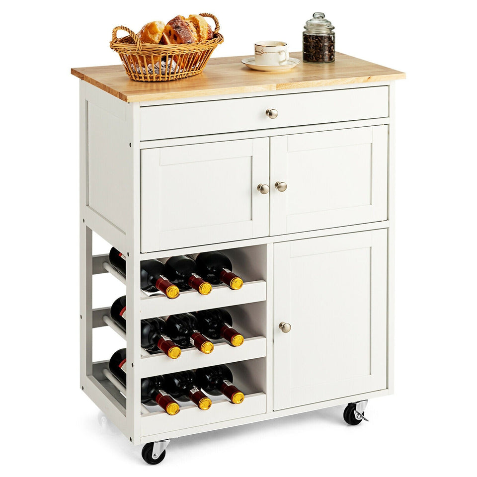 Rolling Kitchen Trolley with 3 Tier Wine Racks and 2 Cabinets-COSTWAY