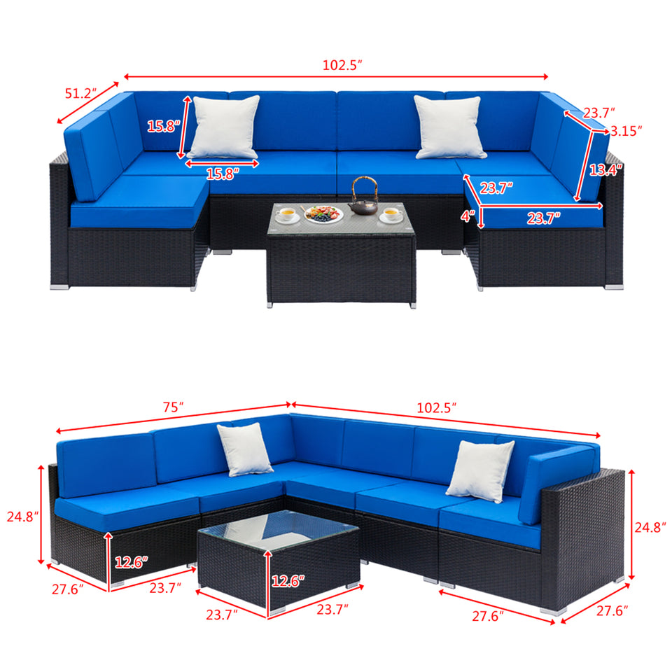 Woven Rattan Sofa Set with 2pcs Corner Sofas & 4pcs Middle Sofas & 1 pc Coffee Table Black