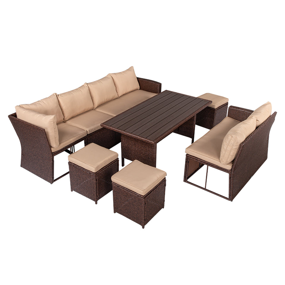 Eight-Piece Set Outdoor Rattan Dining Table And Chair Brown Wood