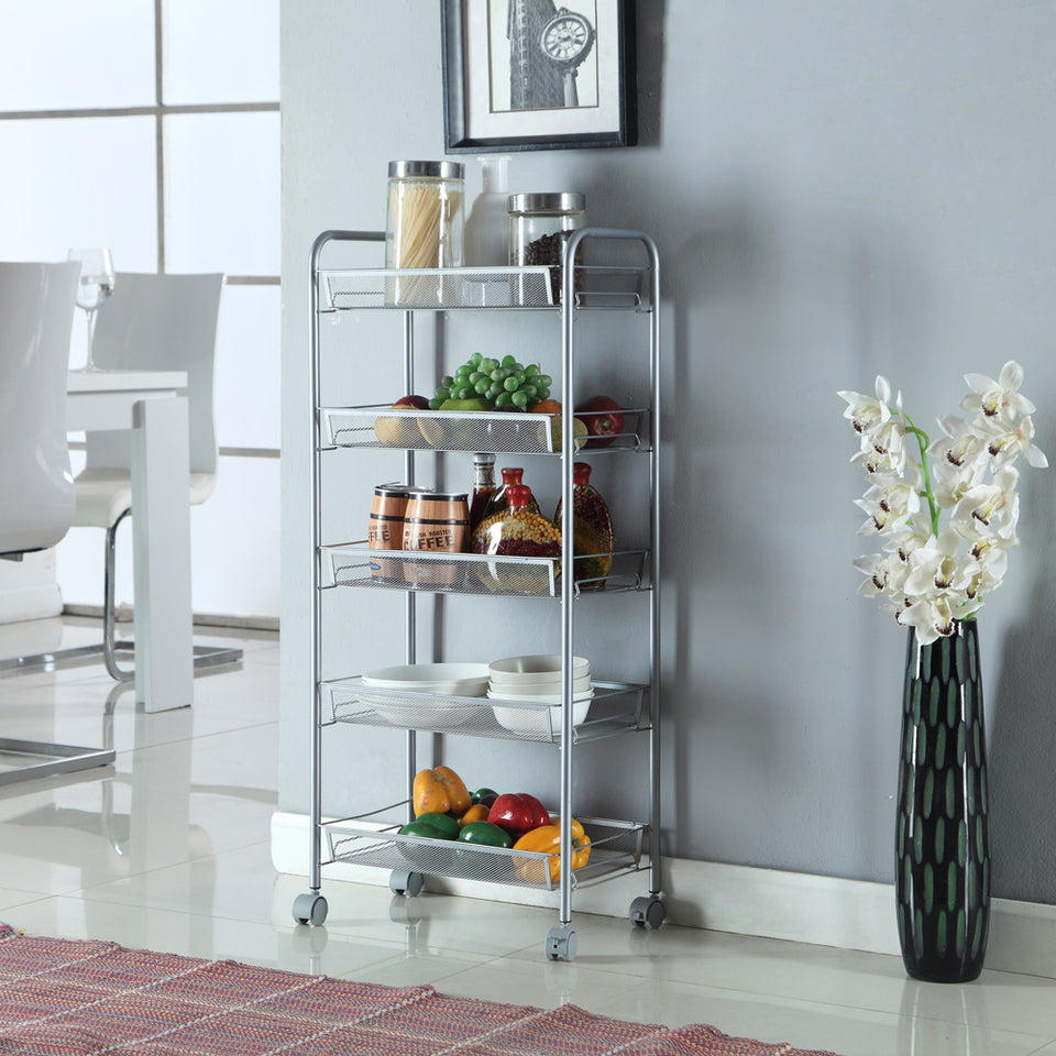 Honeycomb Mesh Style Five Layers Removable Storage Cart-  Silver
