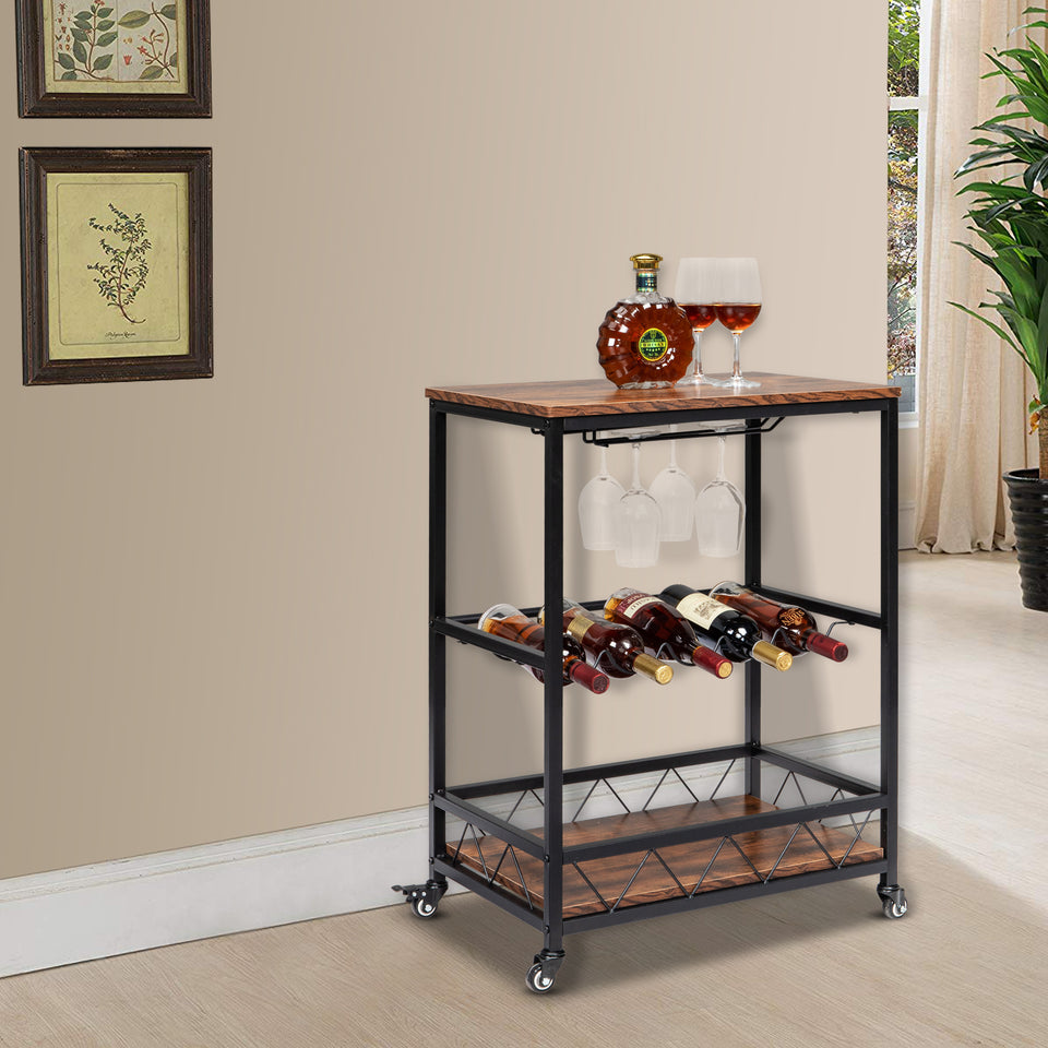 Bar Serving Cart Home Mobile Kitchen Serving cart,Industrial Vintage Style Wood Metal Serving Trolley