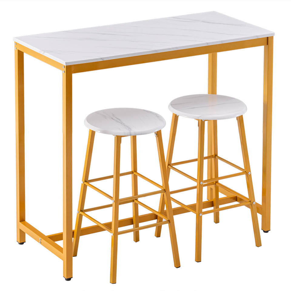 Marble Bar Table with with round Bar Stools Golden Paint- White
