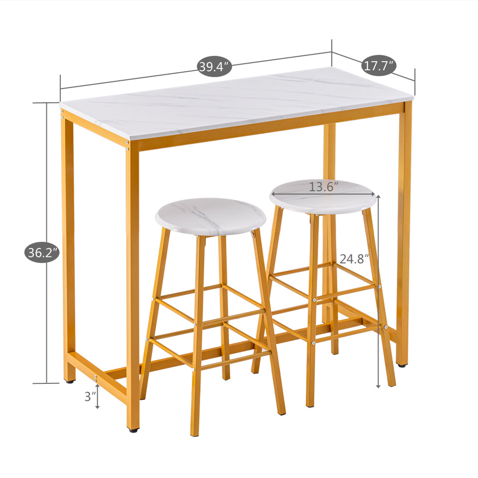 Marble Bar Table with with round Bar Stools Golden Paint- White