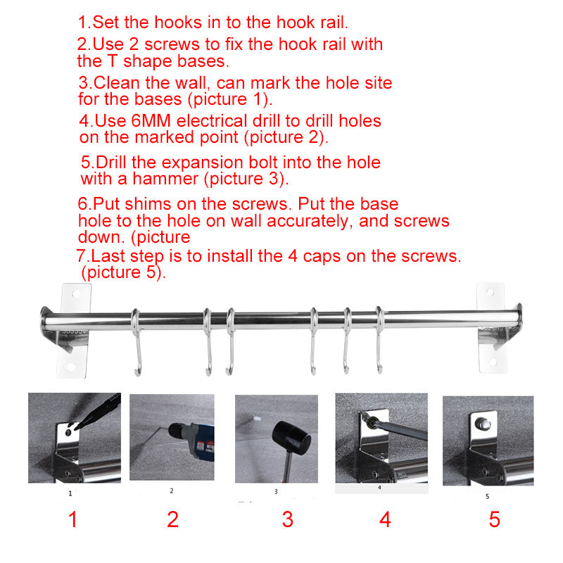 Kitchen Cupboard Wall Mounted Tool Utensils Hanging Rail Rack and Holder, Single Bar, Length 30cm