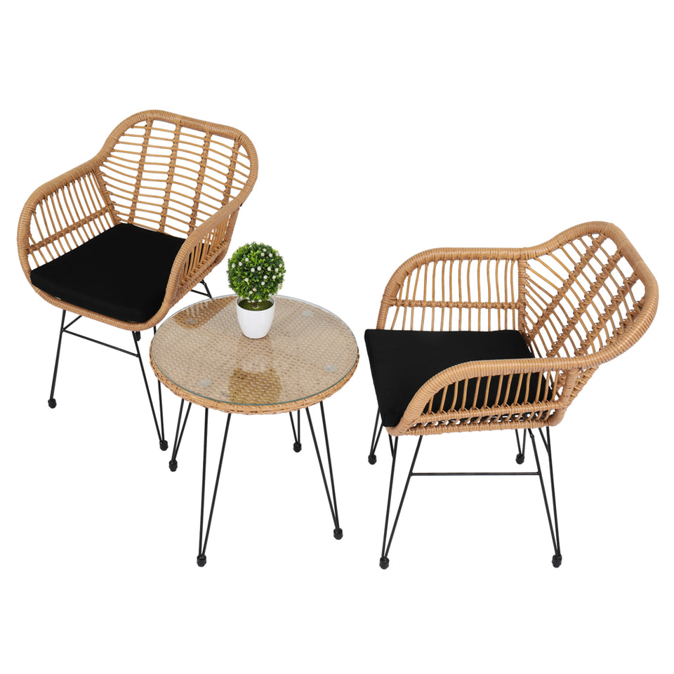 Oshion 3 pcs Wicker Rattan Patio Set with Tempered Glass Table