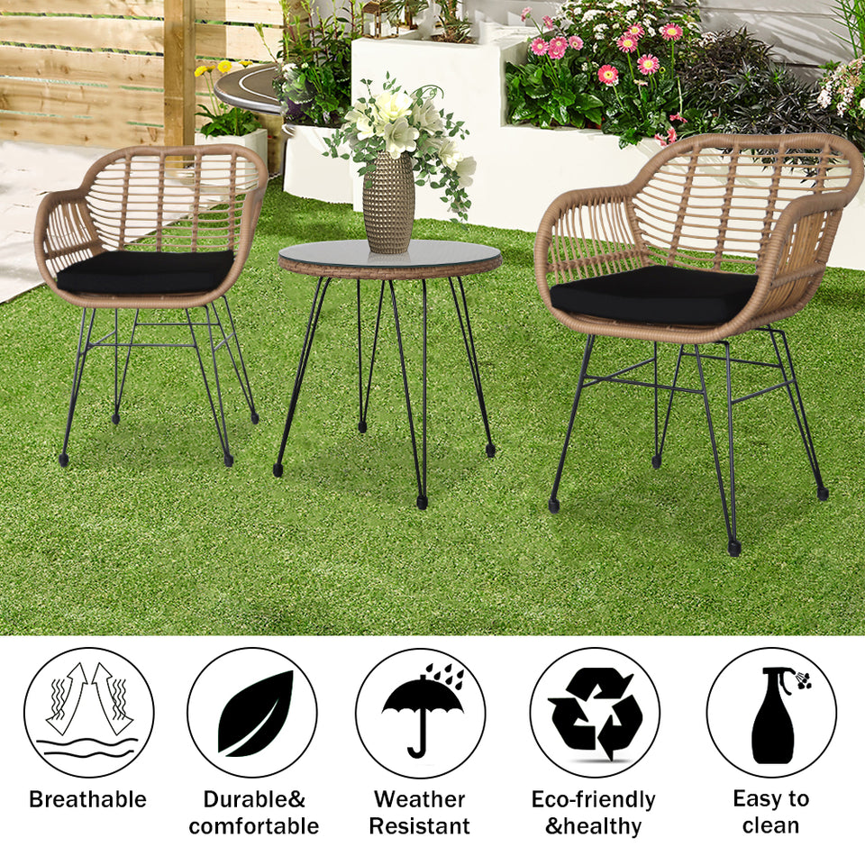 Oshion 3 pcs Wicker Rattan Patio Set with Tempered Glass Table