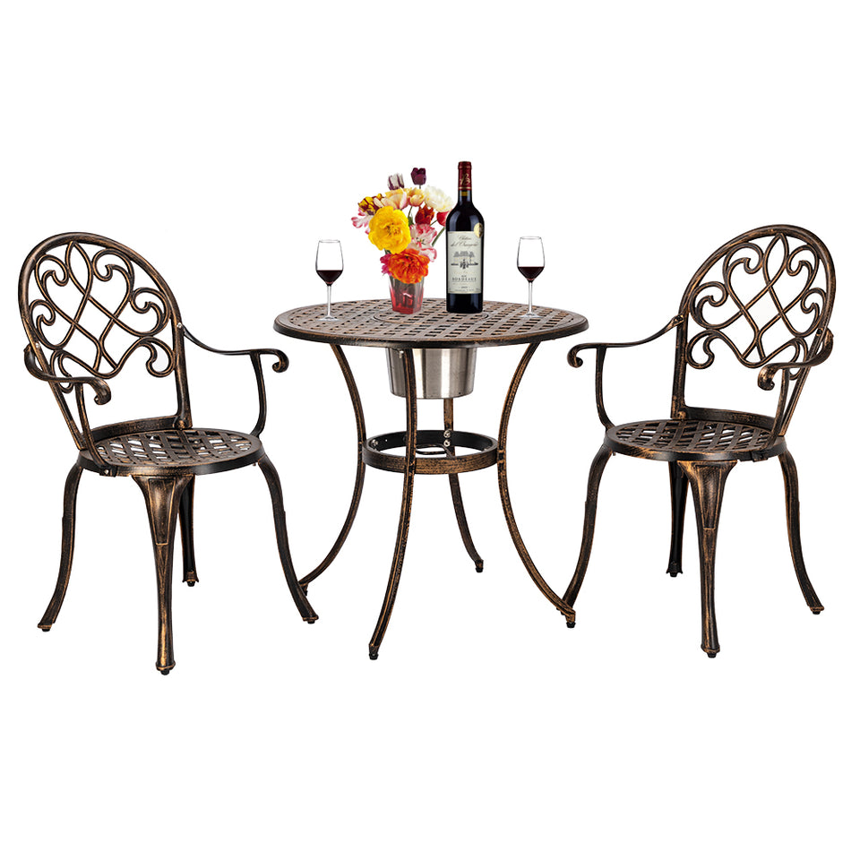 European Style Cast Aluminum Outdoor 3 Piece Patio Bistro Set of Table and Chairs with Ice Bucket Bronze