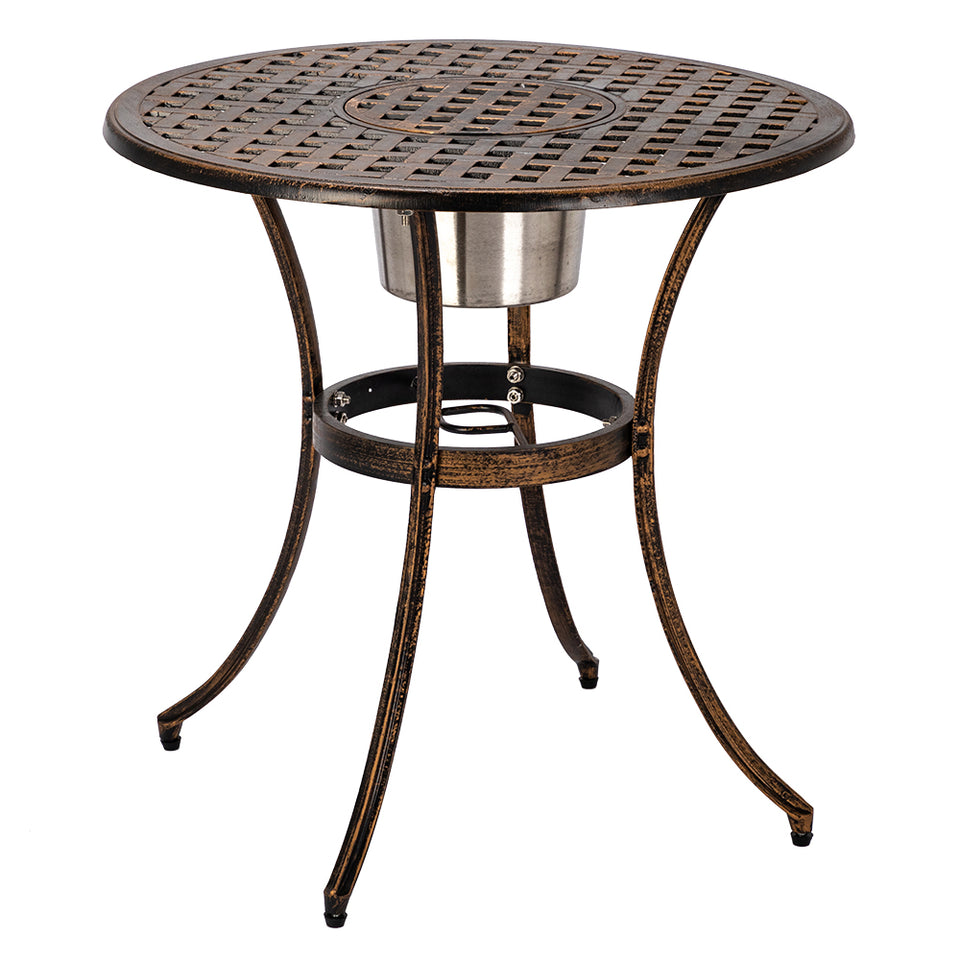 European Style Cast Aluminum Outdoor 3 Piece Patio Bistro Set of Table and Chairs with Ice Bucket Bronze