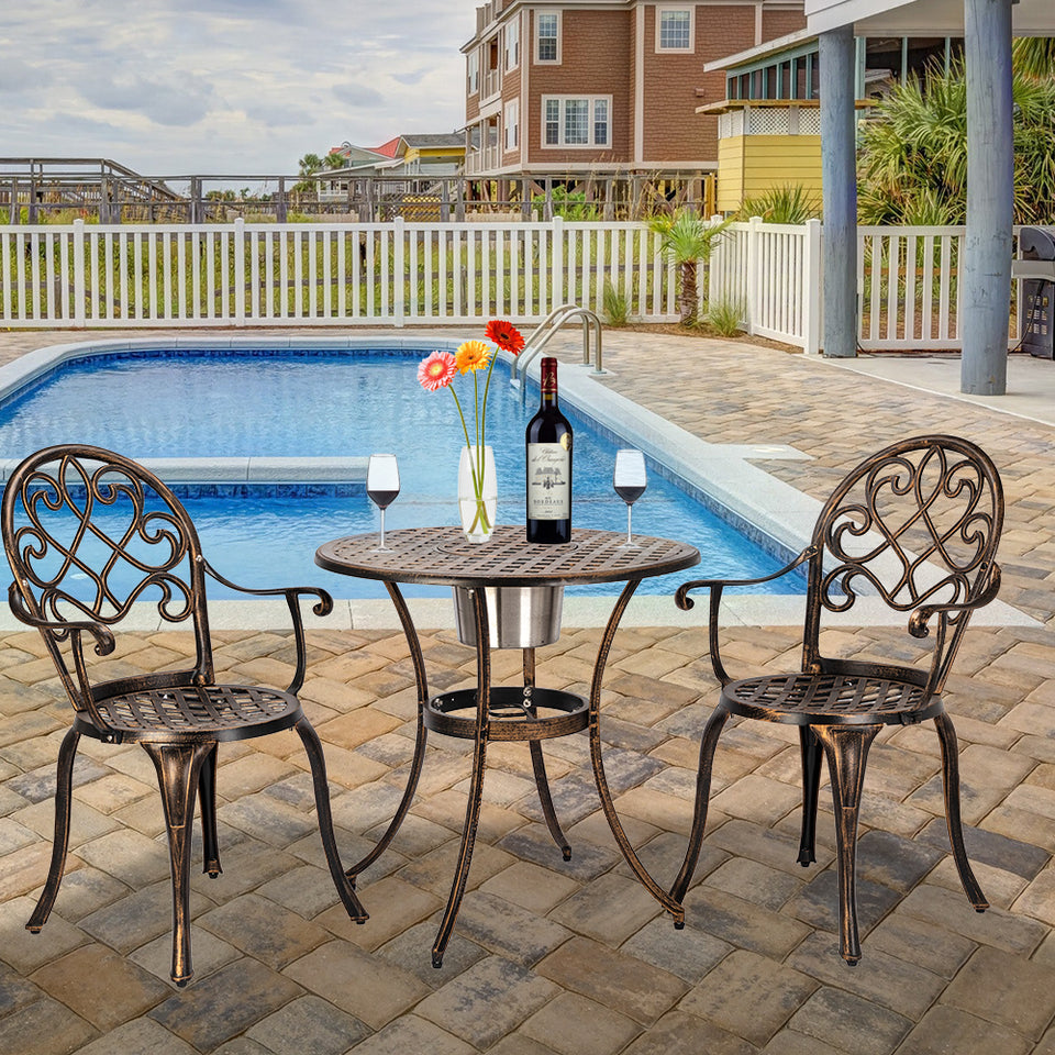 European Style Cast Aluminum Outdoor 3 Piece Patio Bistro Set of Table and Chairs with Ice Bucket Bronze