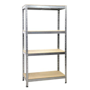 Heavy-duty galvanized metal shelving rack with four tiers, ideal for garage storage, supporting up to 175kg per shelf.