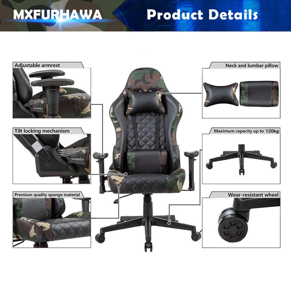 Swivel Rolling Chair Height Adjustable E-sports Chair with Lumbar Support and Headrest for Office or Gaming