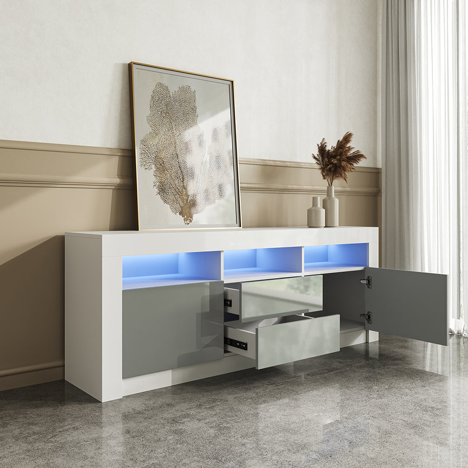 160 cm TV Unit Stand Cabinet Sideboard High Gloss Front LED Light Grey and White