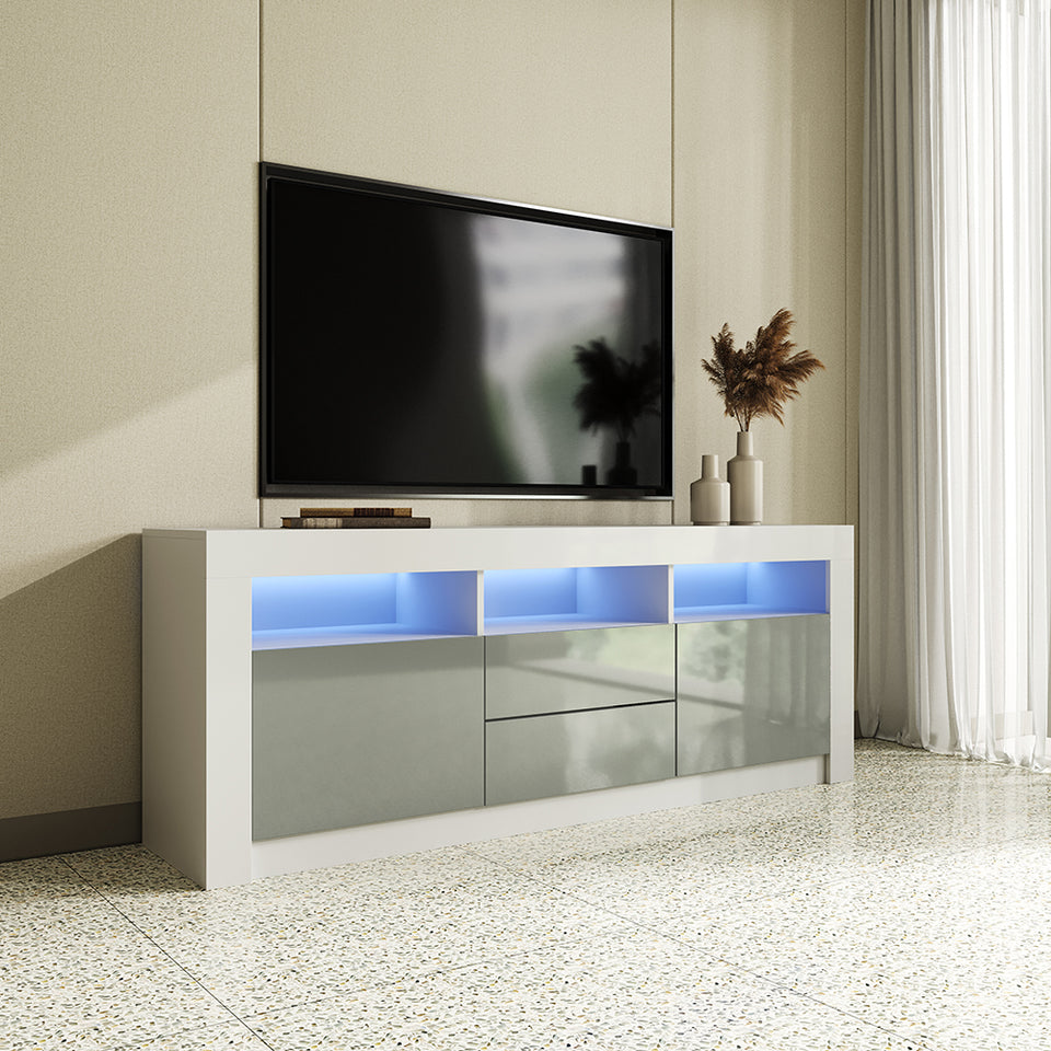160 cm TV Unit Stand Cabinet Sideboard High Gloss Front LED Light Grey and White