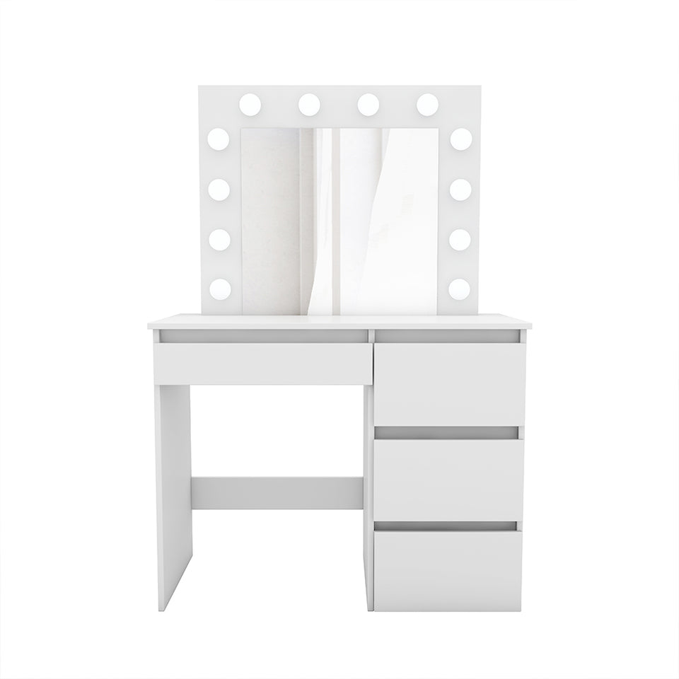 Modern Dressing Table & Stool Set with 12 LED Bulbs Mirrors White Makeup Desk