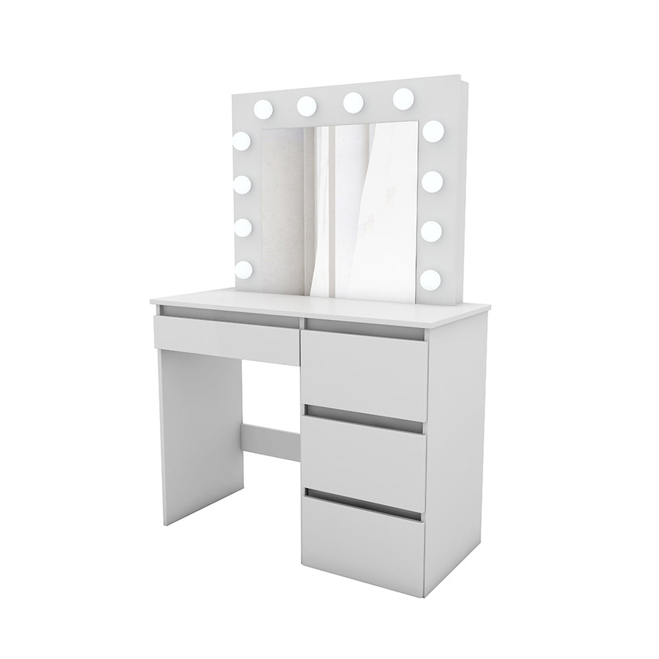 Modern Dressing Table & Stool Set with 12 LED Bulbs Mirrors White Makeup Desk