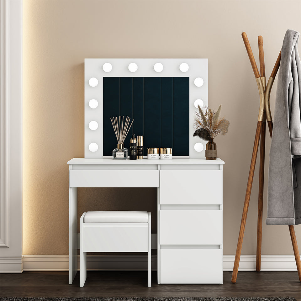 Modern Dressing Table & Stool Set with 12 LED Bulbs Mirrors White Makeup Desk