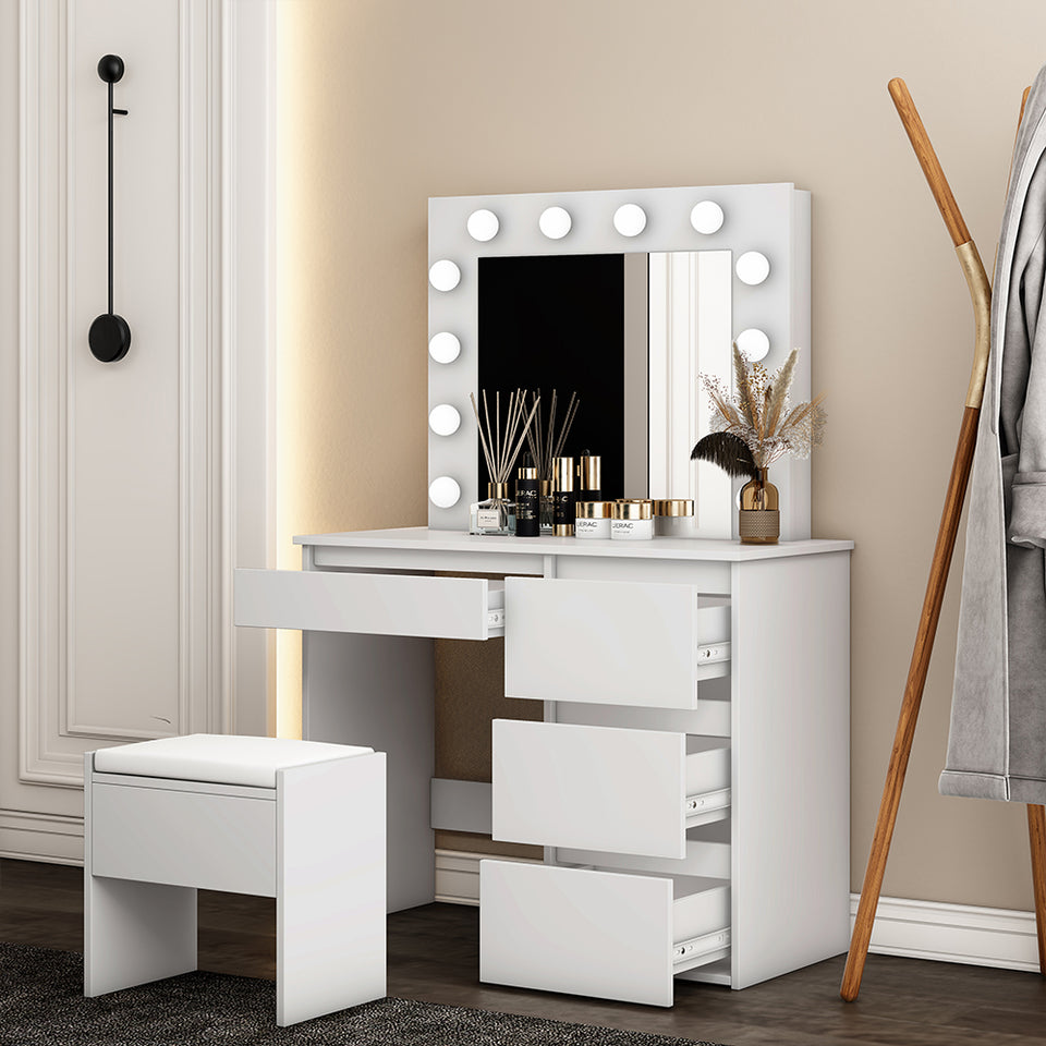 Modern Dressing Table & Stool Set with 12 LED Bulbs Mirrors White Makeup Desk