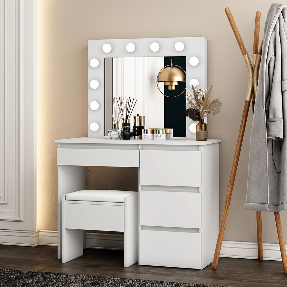 Modern Dressing Table & Stool Set with 12 LED Bulbs Mirrors White Makeup Desk