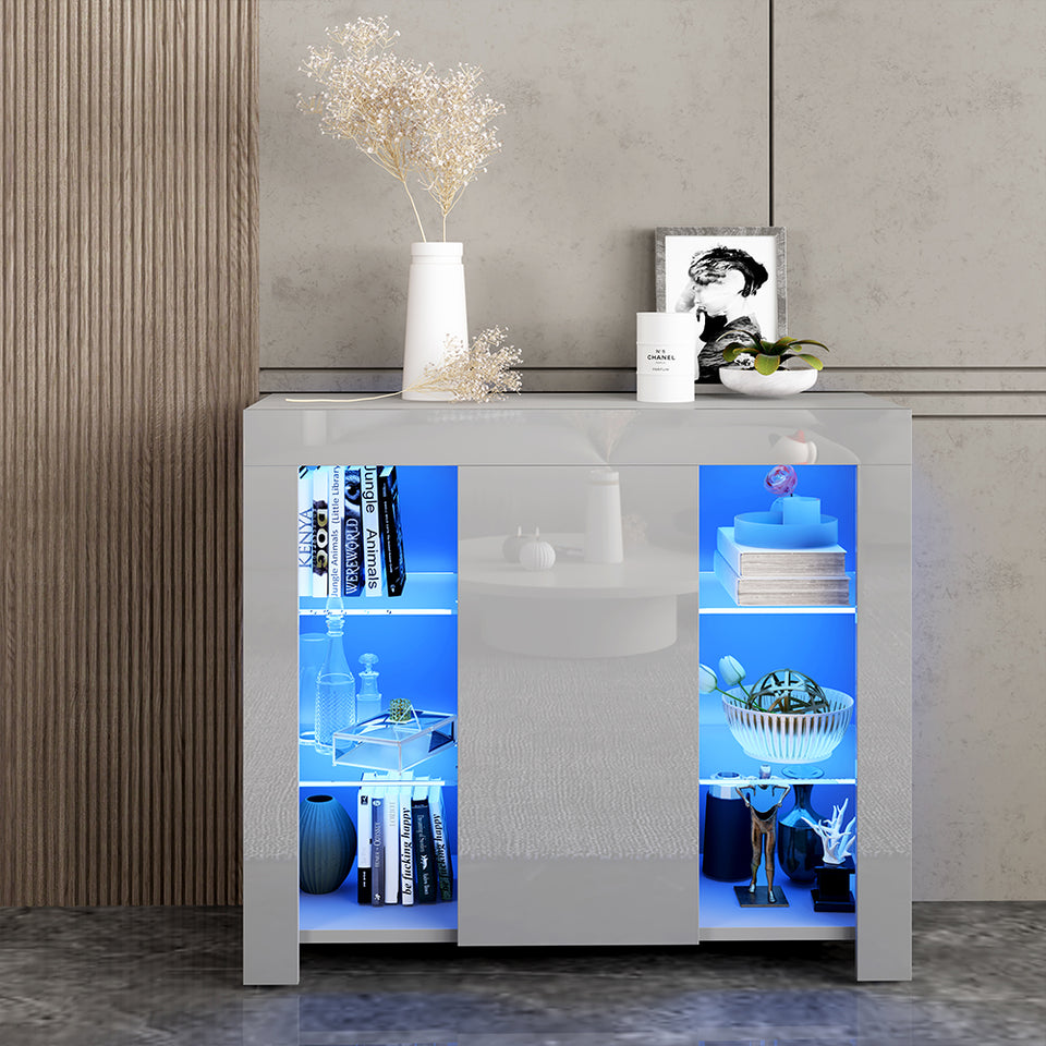 94cm Grey High Gloss 1 Door Sideboard Buffet Cabinet Cupboard Shelves LED