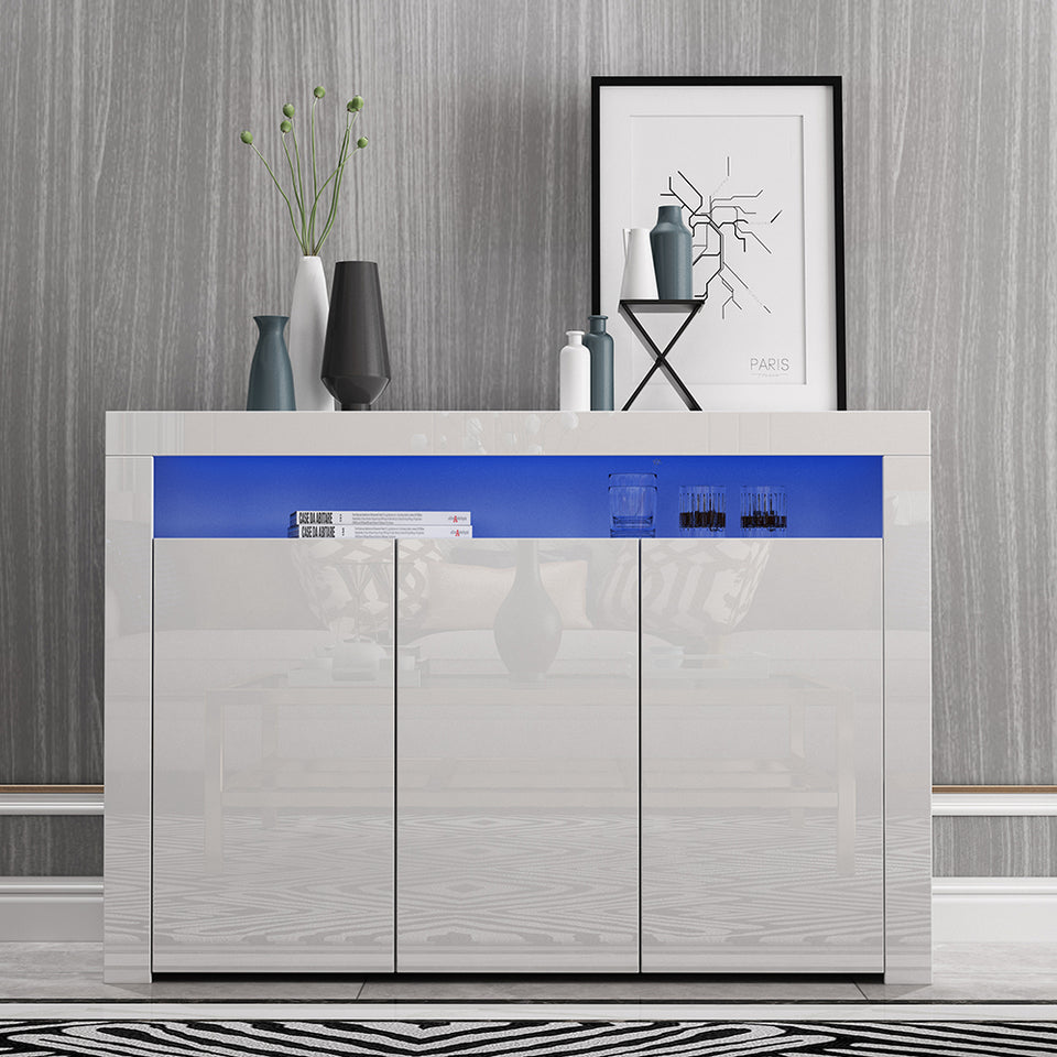 130cm White High Gloss 3 Doors Sideboard Buffet Cabinet Cupboard & RGB Light
