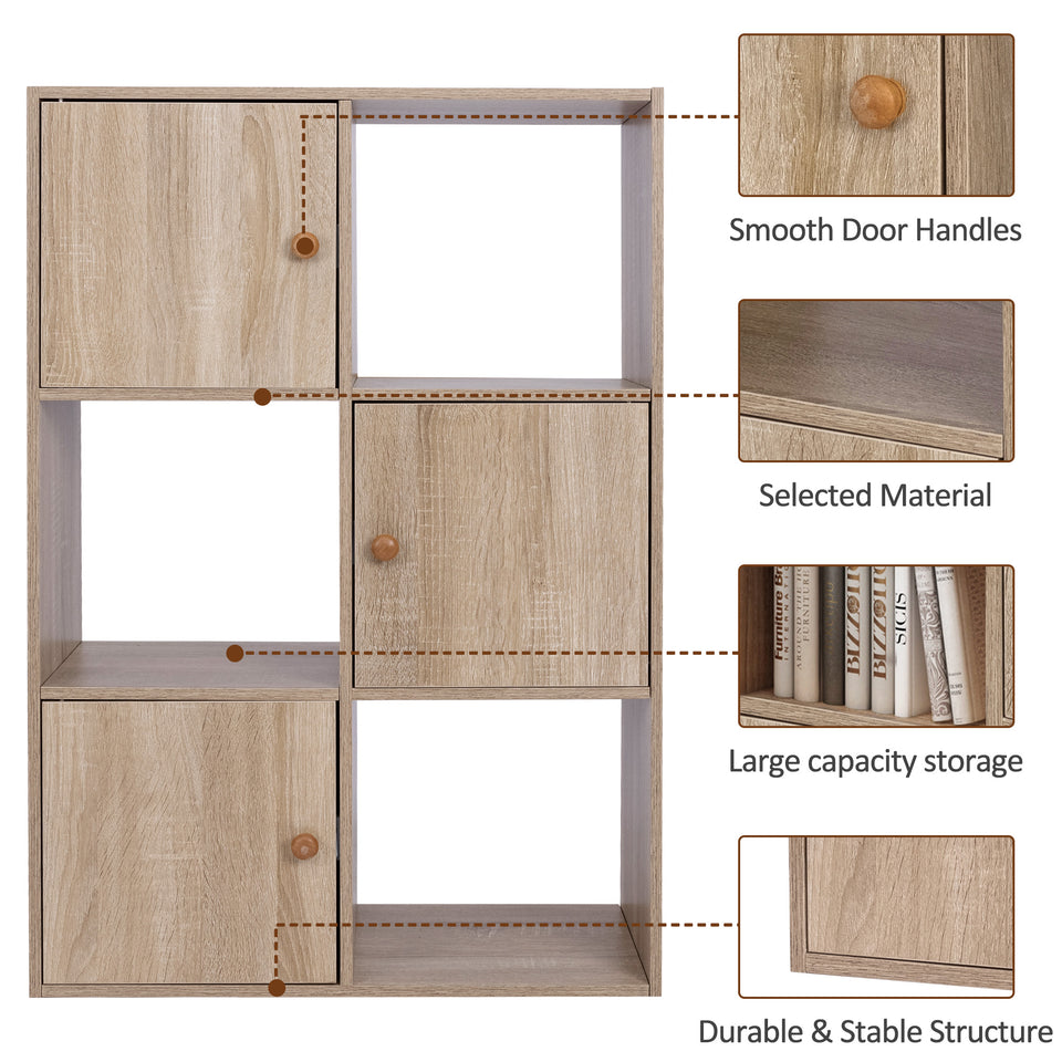 Storage Bookcase with 6 Cube Organizers,3 Cabinets with Doors and 3 Open Cubes Book Display